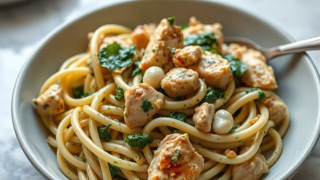 Close-up of creamy chicken pesto pasta ready to serve