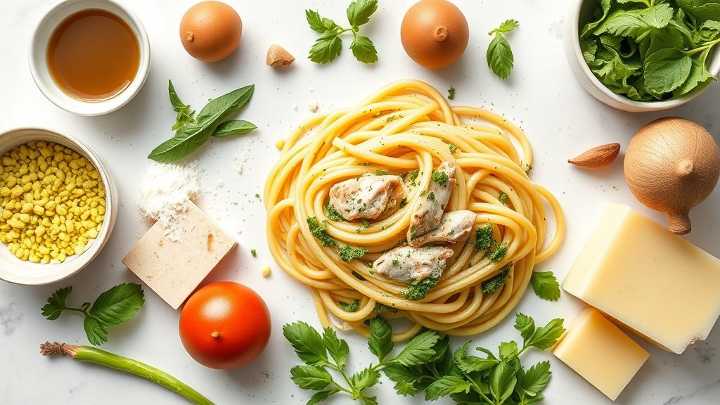 Ingredients for creamy chicken pesto pasta arranged before cooking