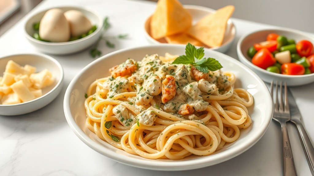 creamy chicken pesto pasta served with complementary sides