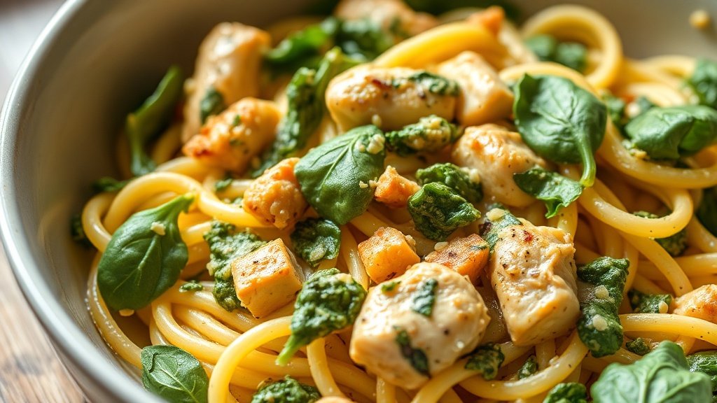 Close-up of creamy chicken pesto pasta with spinach ready to serve