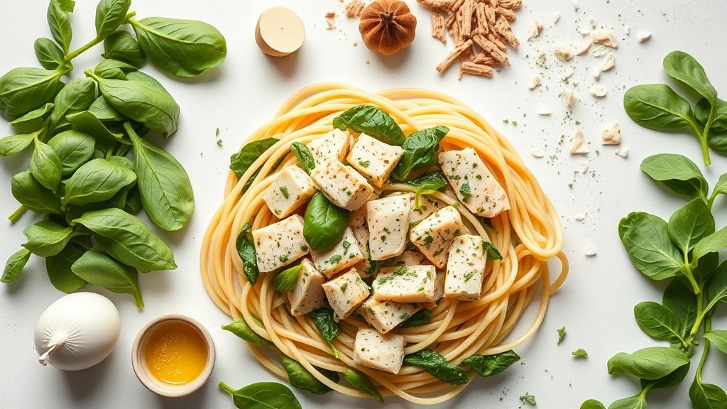 Ingredients for creamy chicken pesto pasta with spinach arranged before cooking