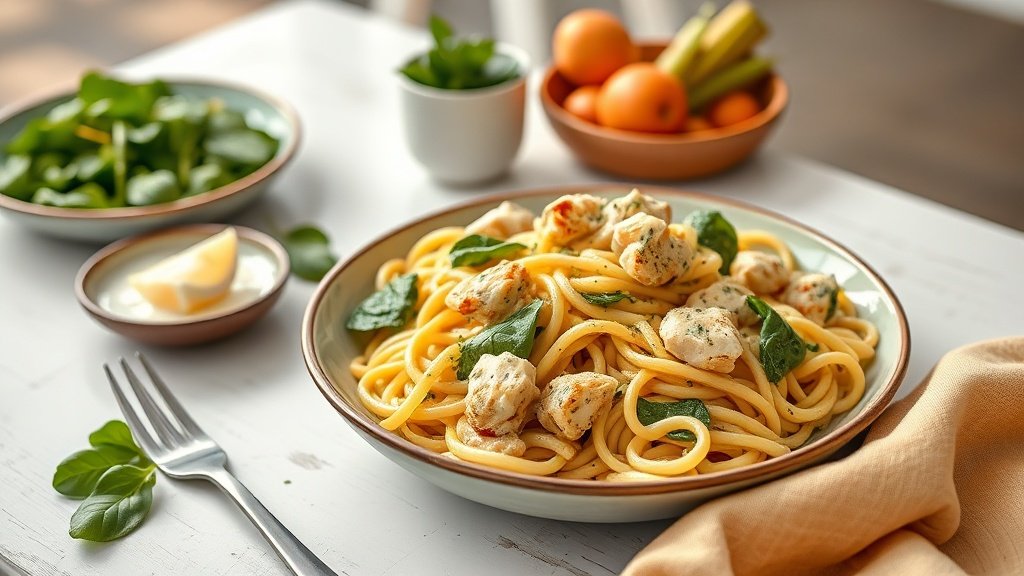 creamy chicken pesto pasta with spinach served with complementary sides