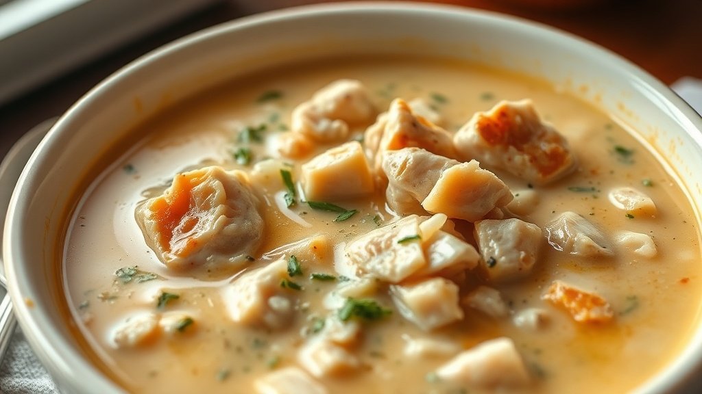 Close-up of creamy chicken soup ready to serve