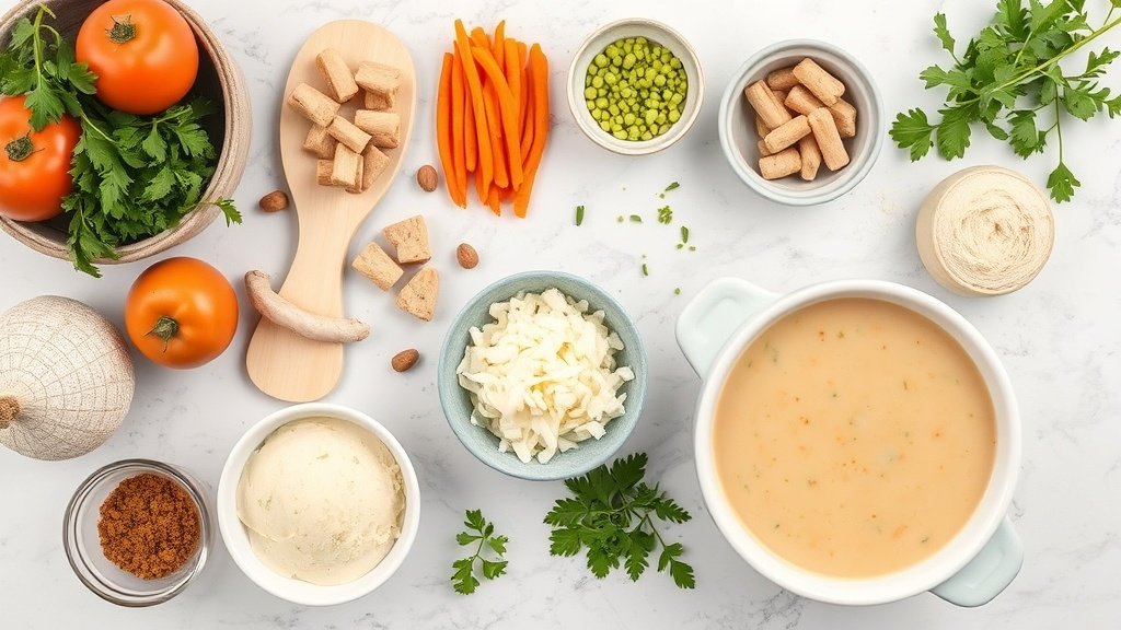 Ingredients for creamy chicken soup arranged before cooking