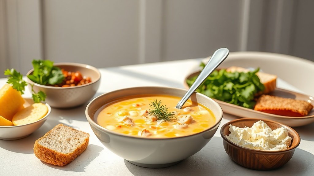 creamy chicken soup served with complementary sides