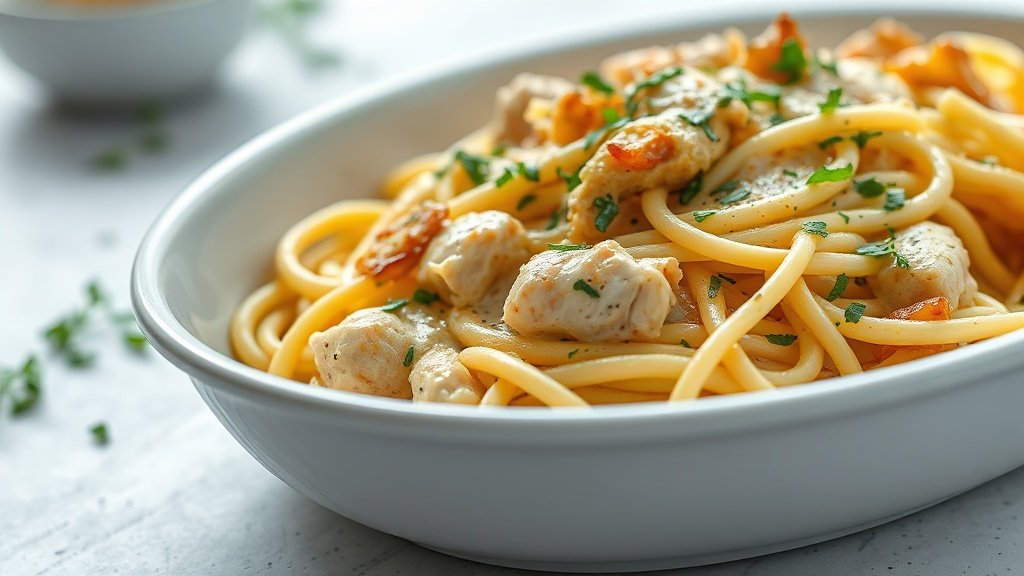 Close-up of creamy garlic chicken pasta ready to serve