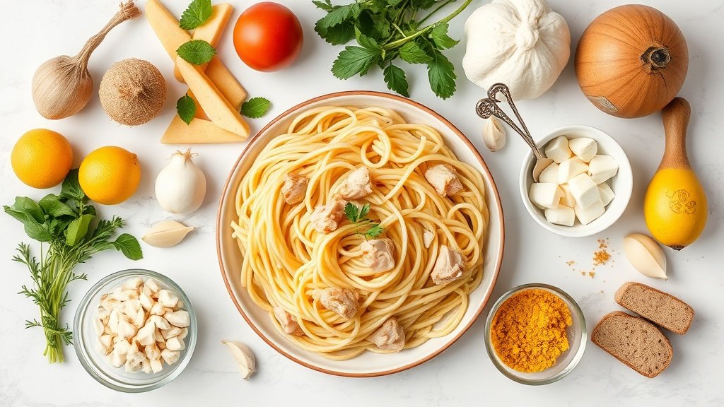 Ingredients for creamy garlic chicken pasta arranged before cooking