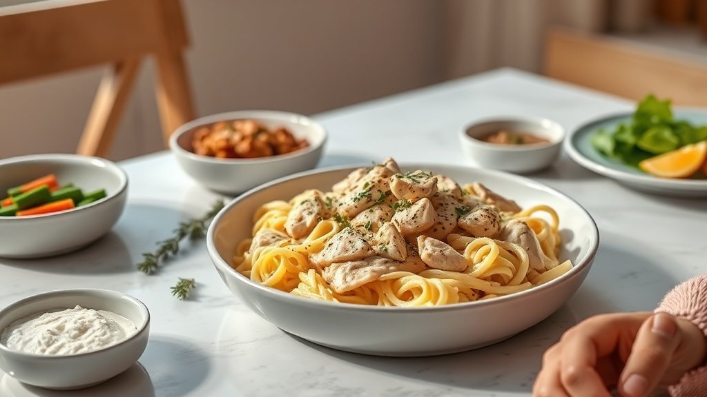 creamy garlic chicken pasta served with complementary sides