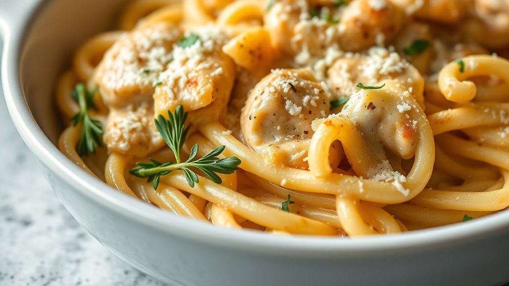 Close-up of creamy garlic parmesan chicken pasta (best comfort dinner) ready to serve