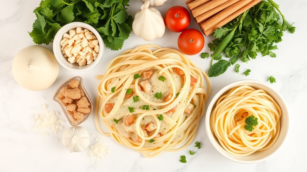 Ingredients for creamy garlic parmesan chicken pasta (best comfort dinner) arranged before cooking