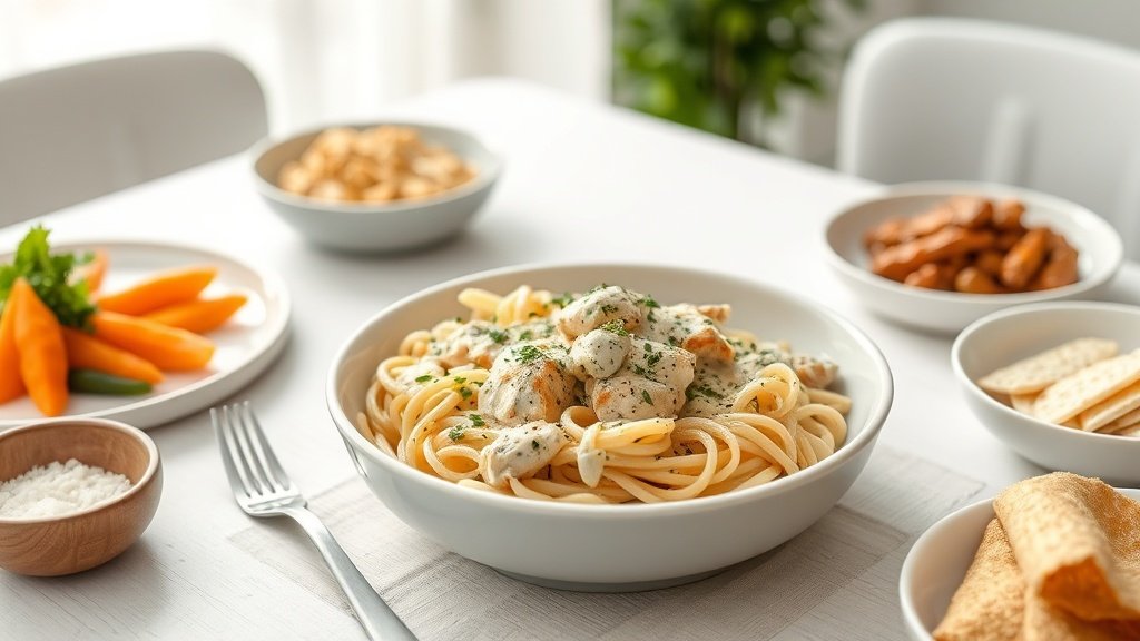 creamy garlic parmesan chicken pasta (best comfort dinner) served with complementary sides