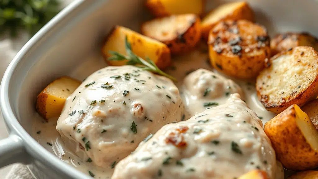 Close-up of creamy herb chicken with roasted potatoes ready to serve