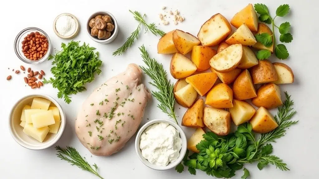 Ingredients for creamy herb chicken with roasted potatoes arranged before cooking