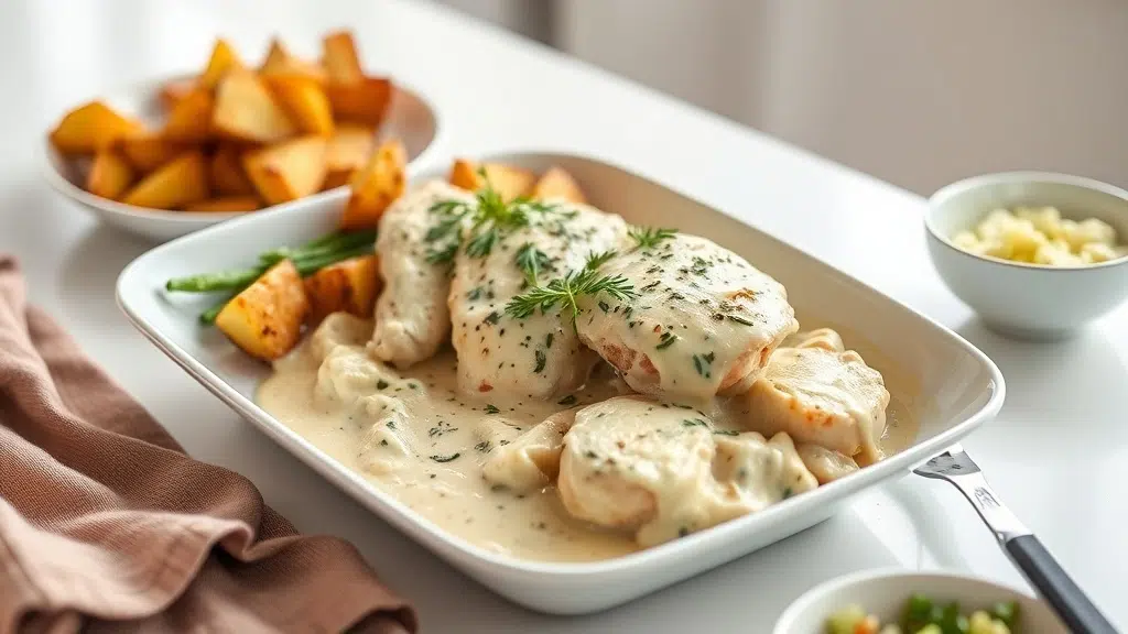 creamy herb chicken with roasted potatoes served with complementary sides