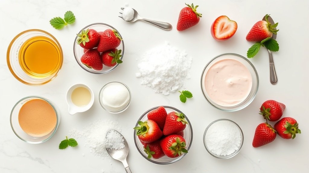 Ingredients for creamy strawberry mousse arranged before cooking
