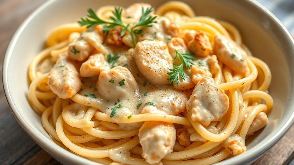 Close-up of creamy tuscan garlic chicken pasta ready to serve