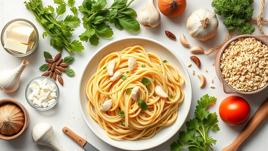 Ingredients for creamy tuscan garlic chicken pasta arranged before cooking