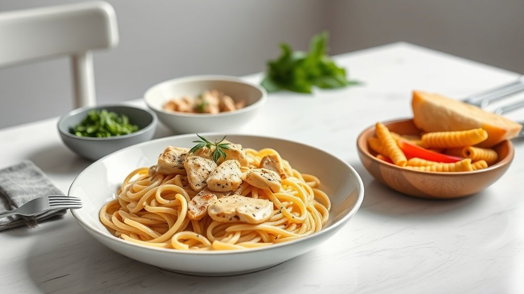 creamy tuscan garlic chicken pasta served with complementary sides