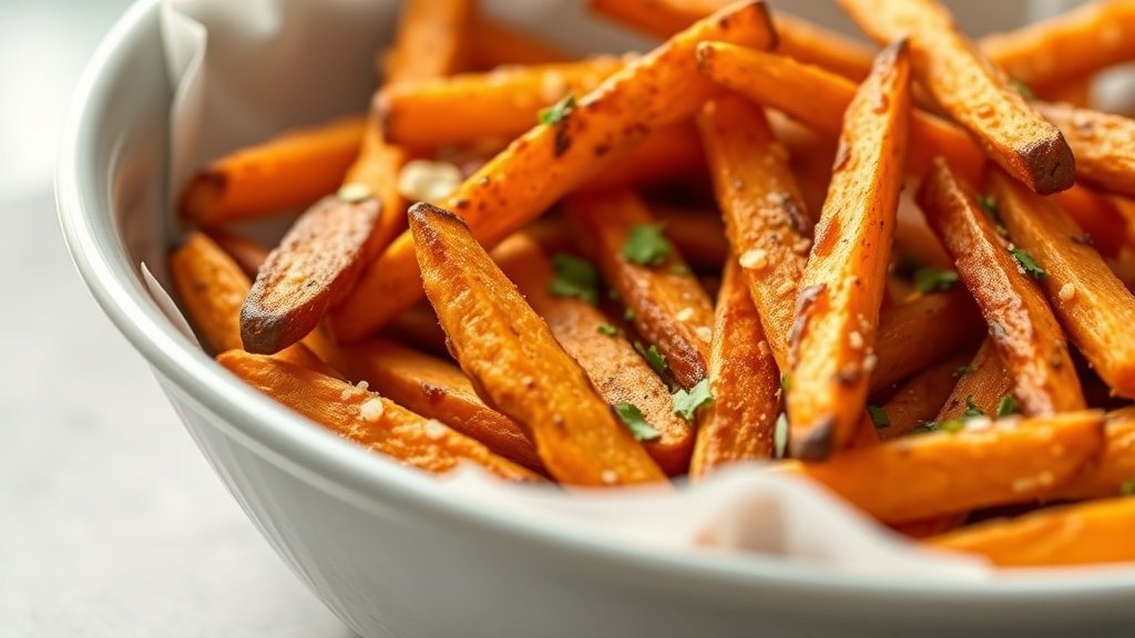 Close-up of crispy oven-baked sweet potato fries ready to serve