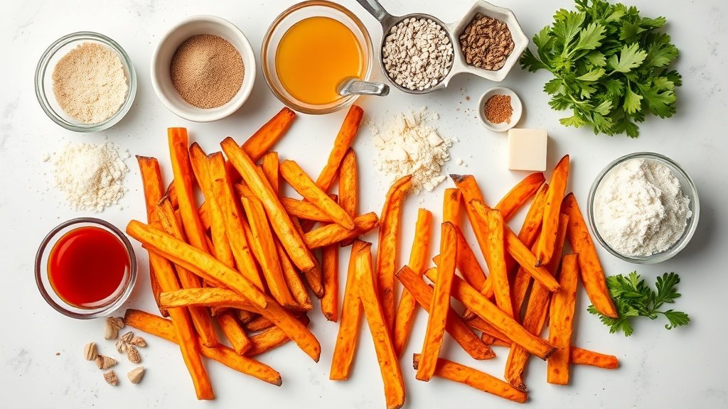 Ingredients for crispy oven-baked sweet potato fries arranged before cooking