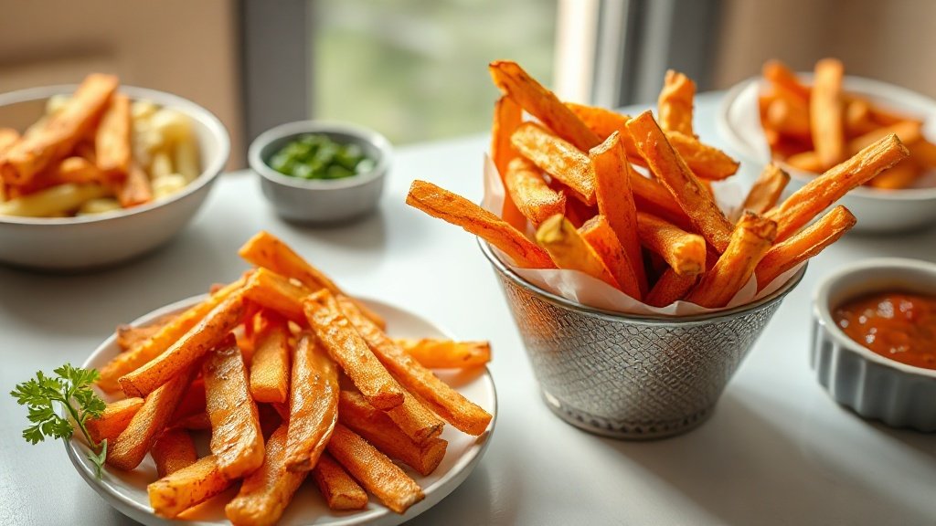 crispy oven-baked sweet potato fries served with complementary sides