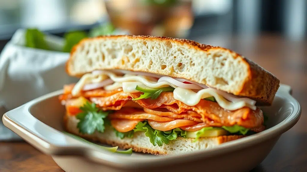 Close-up of crispy club sandwich ready to serve