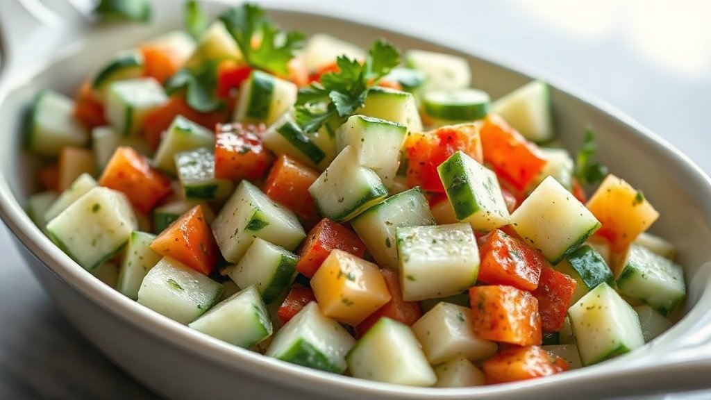 Close-up of cucumber salad ready to serve