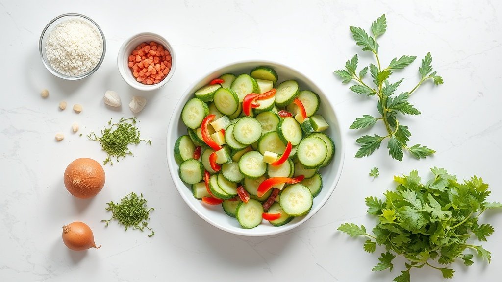 Ingredients for cucumber salad arranged before cooking