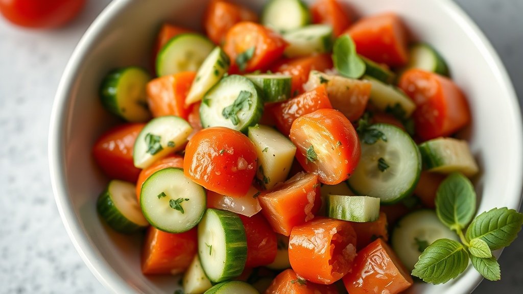 Close-up of cucumber tomato salad ready to serve