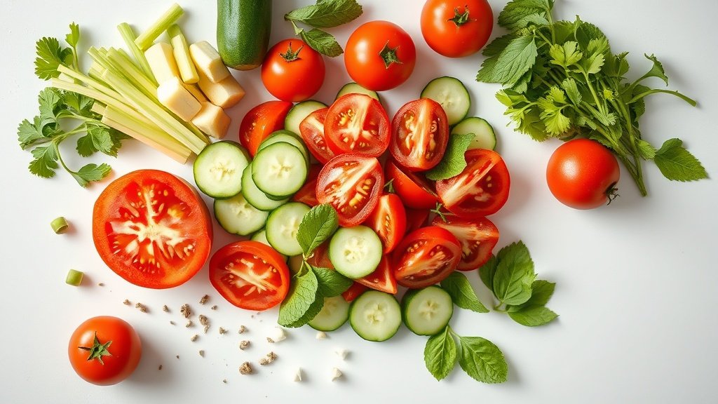 Ingredients for cucumber tomato salad arranged before cooking
