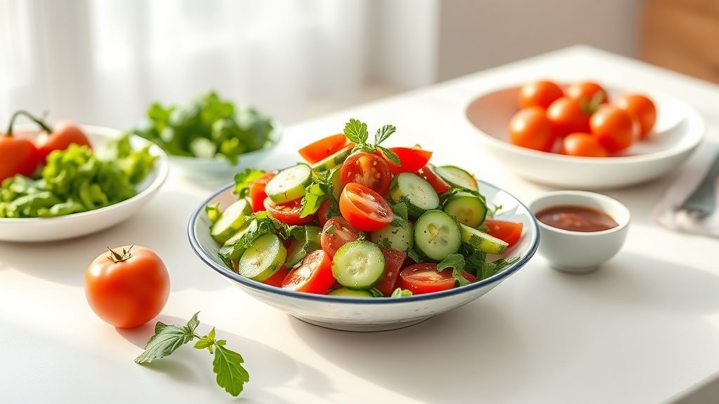 cucumber tomato salad served with complementary sides