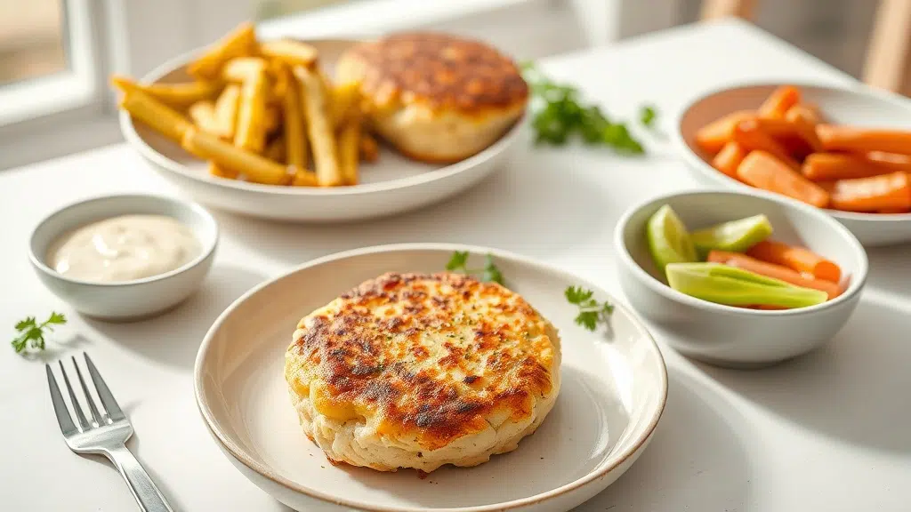 easy crab cakes served with complementary sides