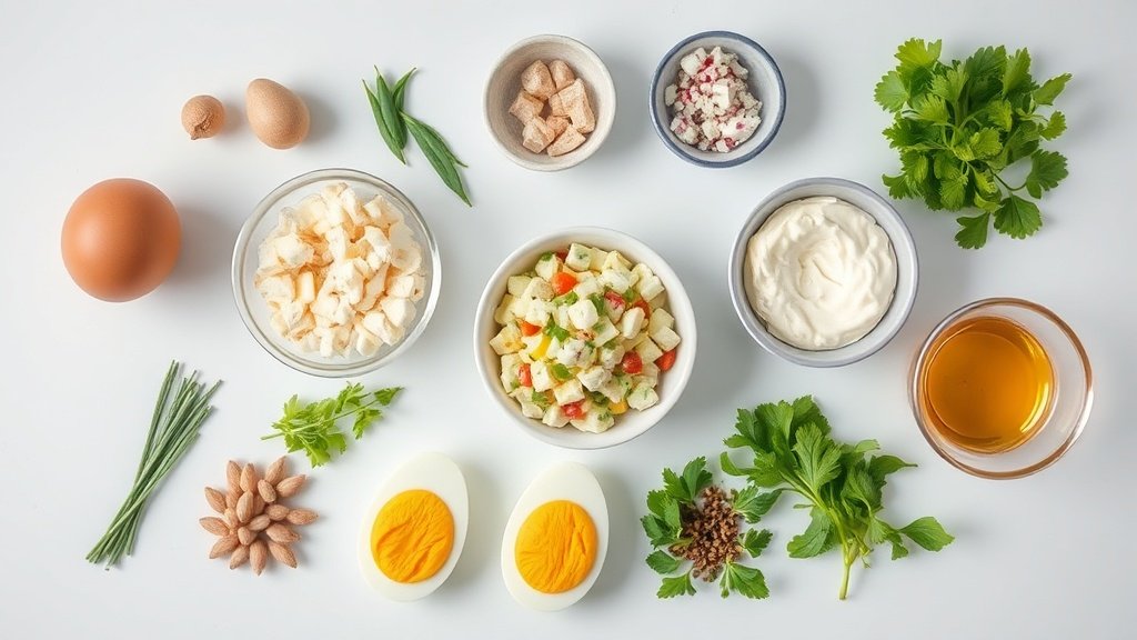 Ingredients for easy egg salad arranged on a bright kitchen surface