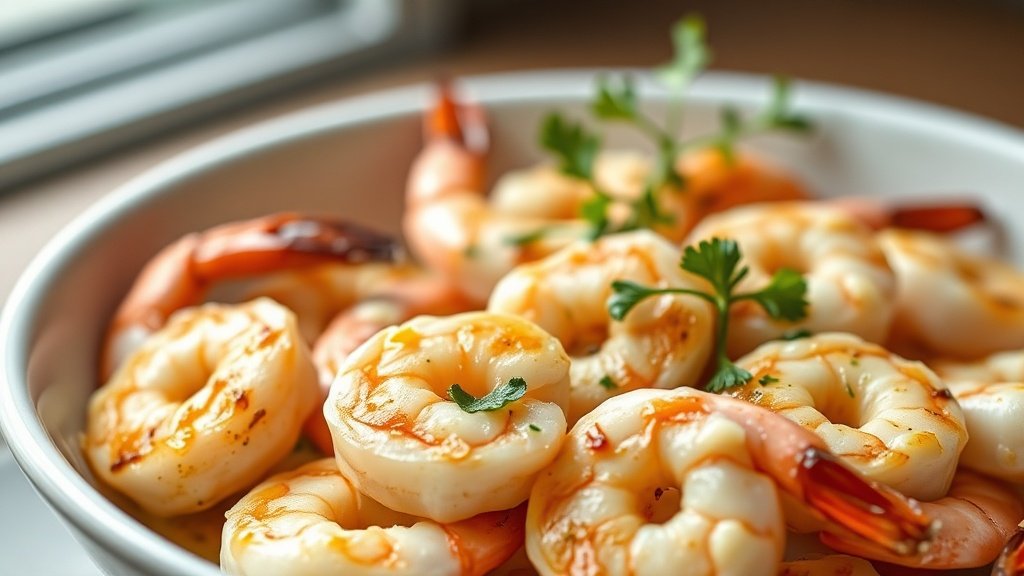 Close-up of garlic butter grilled shrimp ready to serve