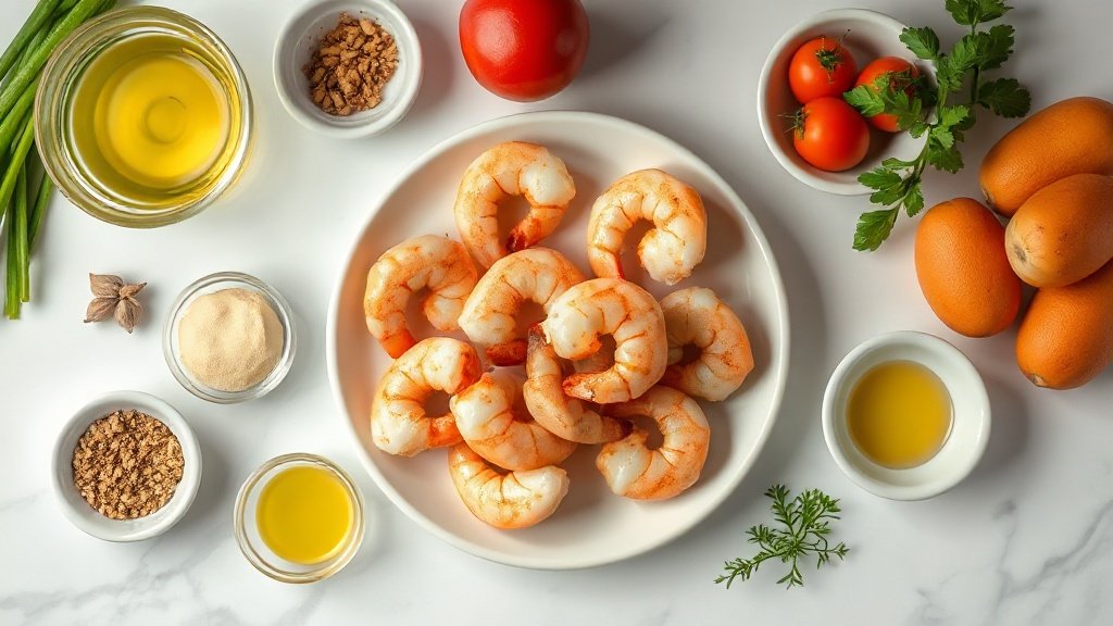 Ingredients for garlic butter grilled shrimp arranged before cooking