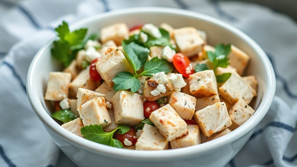 Close-up of Greek yogurt chicken salad ready to serve