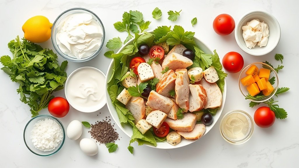 Ingredients for Greek yogurt chicken salad arranged before cooking