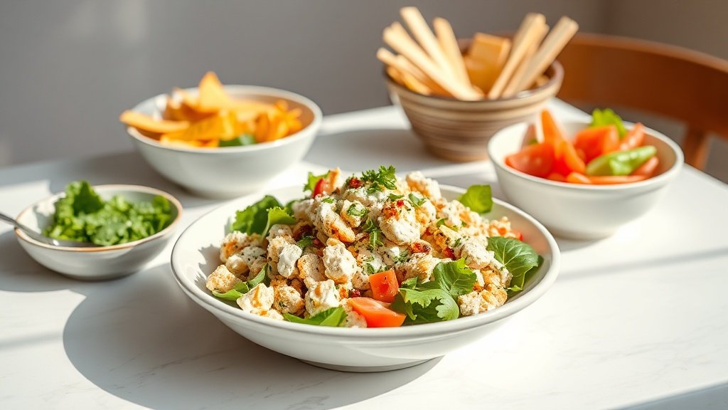 Greek yogurt chicken salad served with complementary sides