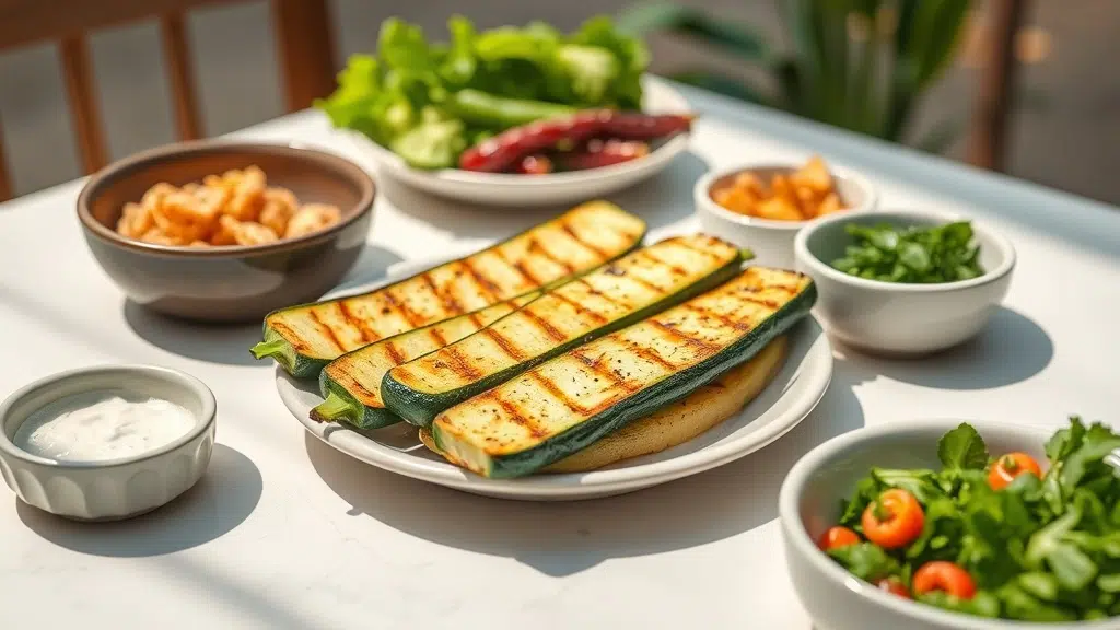 Herb-Infused Zucchini on the Grill 4 grilled zucchini served with complementary sides