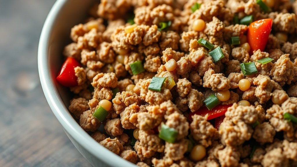 Close-up of ground turkey and peppers ready to serve