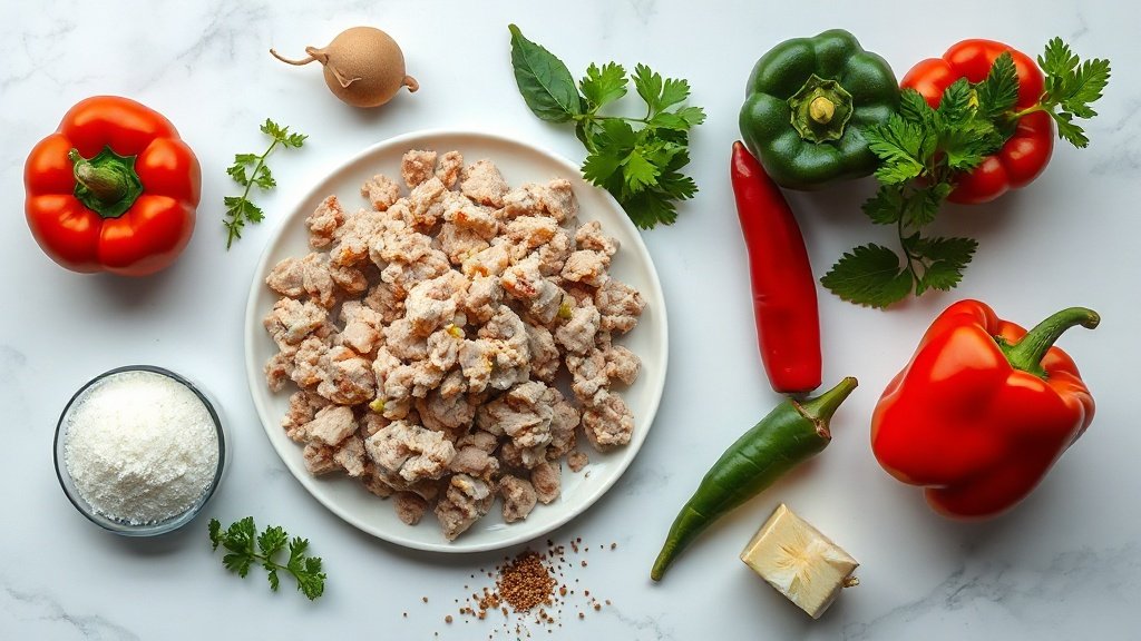 Ingredients for ground turkey and peppers arranged before cooking