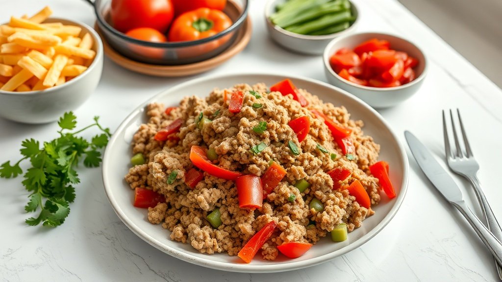 ground turkey and peppers served with complementary sides