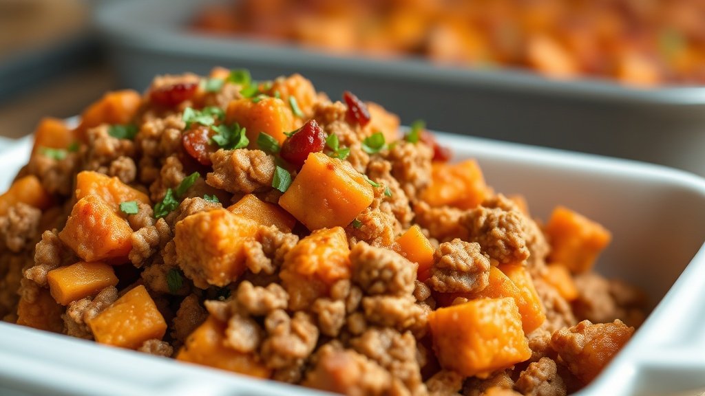 Close-up of ground turkey sweet potato bake ready to serve