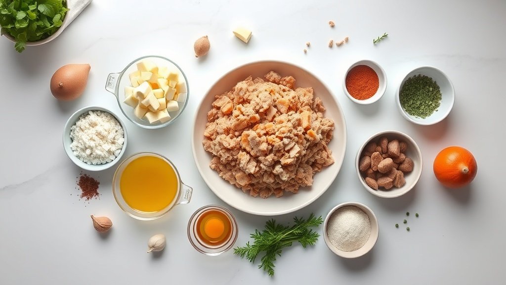 Ingredients for ground turkey sweet potato bake arranged before cooking