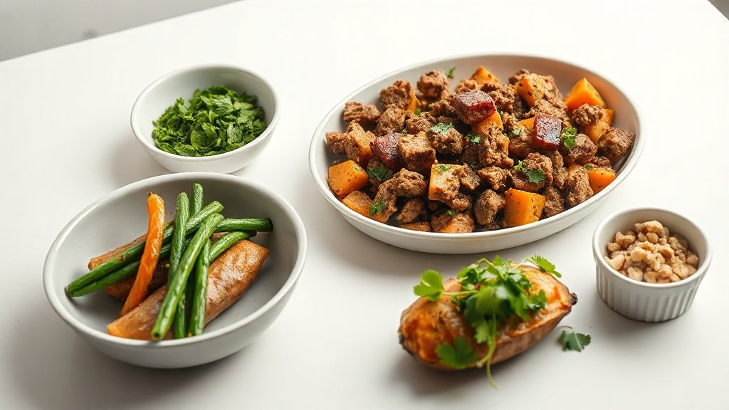 ground turkey sweet potato bake served with complementary sides