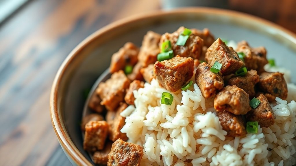 Close-up of ground turkey teriyaki rice bowl ready to serve
