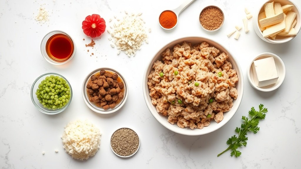 Ingredients for ground turkey teriyaki rice bowl arranged before cooking