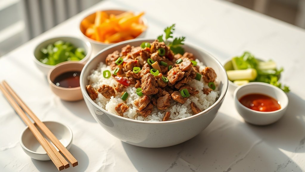 ground turkey teriyaki rice bowl served with complementary sides