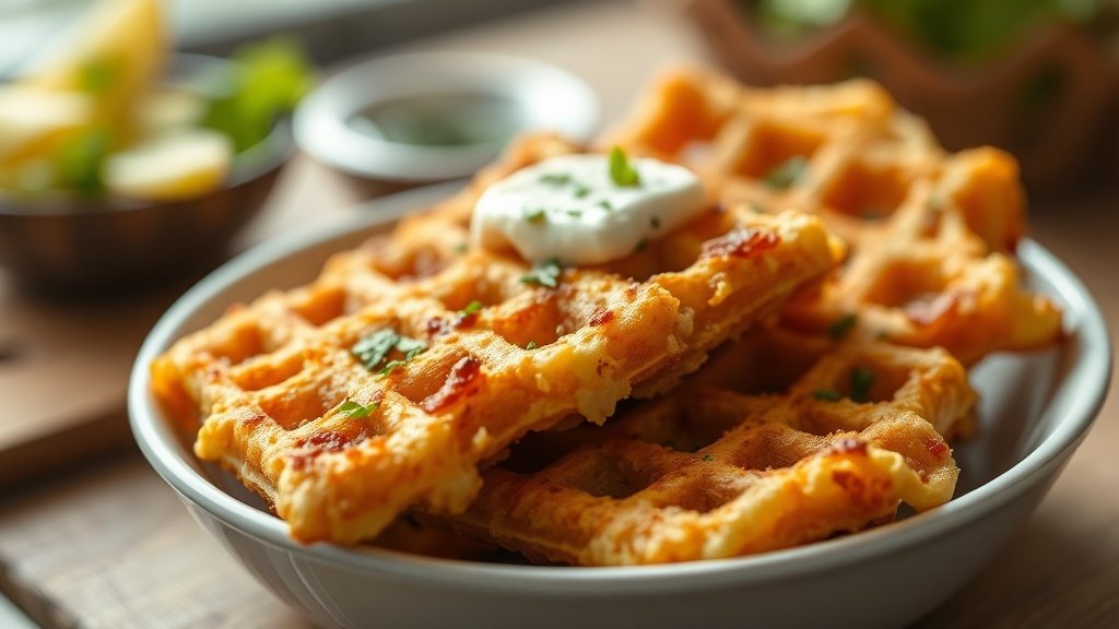 Close-up of hashbrown chaffle ready to serve
