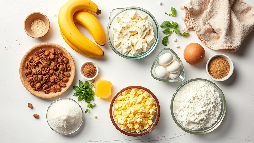 Ingredients for healthy banana bread arranged before cooking